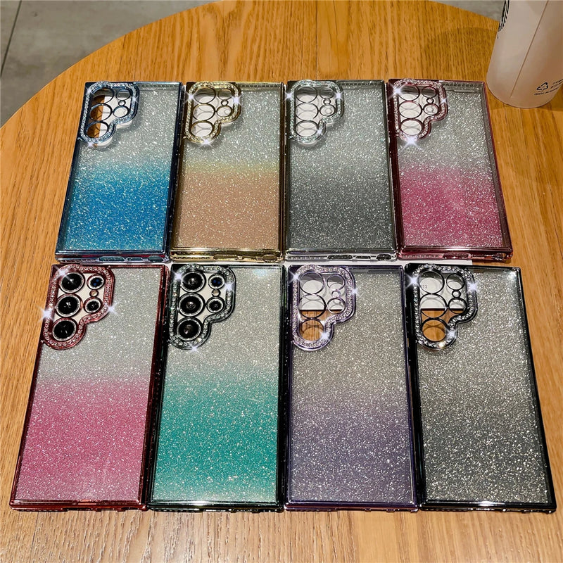 Luxury Plating Glitter Rhinestones Diamond Transparent Phone Case For Samsung S23 Ultra S22 Plus Soft Clear Gradient Color Cover