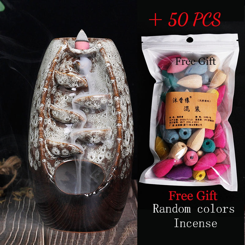 50Pcs Handicraft Incense Holder Ceramic Backflow Waterfall Smoke Incense Burner Home Decor Birthday Valentine's Christmas Gift