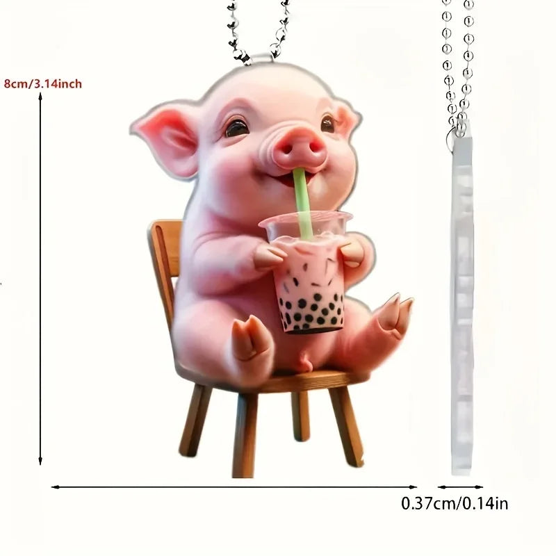 Acrylic Happy Milk Tea Drinking, Decorative Pig Rearview Mirror Pendant, Backpack Keychain Decorative Pendant