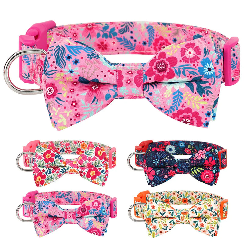 Floral Printed Nylon Dog Collar Adjustable Spring Dog Necklace Collars With Bowknot For Small Medium Large Dogs Pug Chihuahua