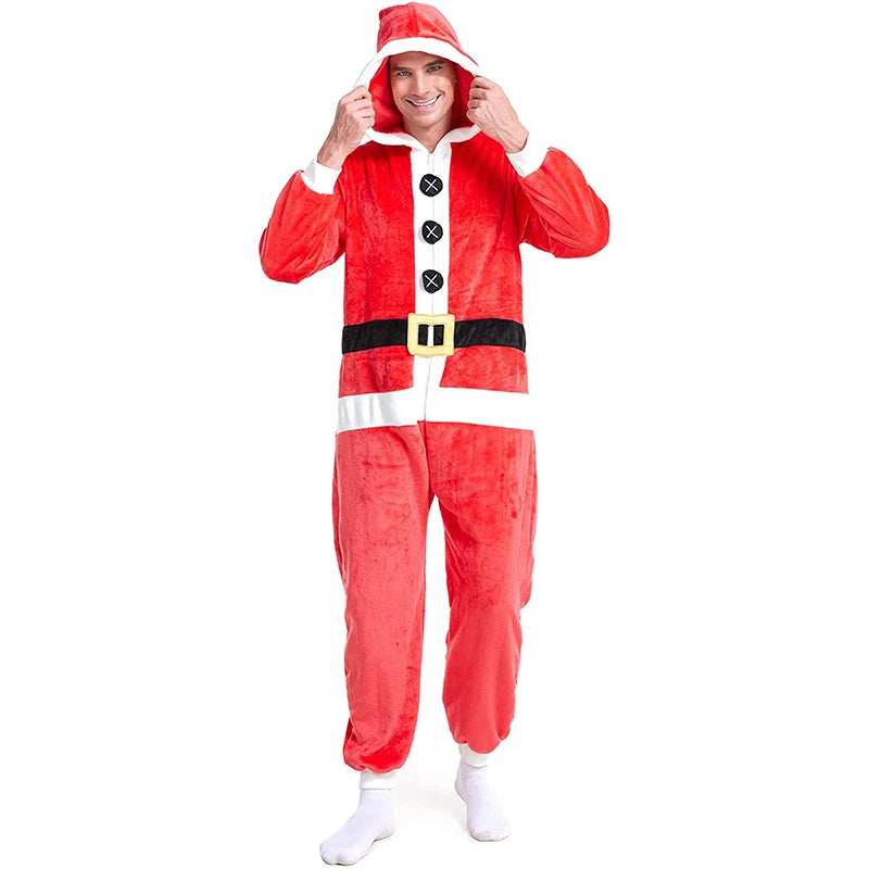 Women s Christmas Costume Mrs Claus Velvet Long Sleeve Hooded Belt Printed Zipper Full-Length Jumpsuit with Faux Fur Trim