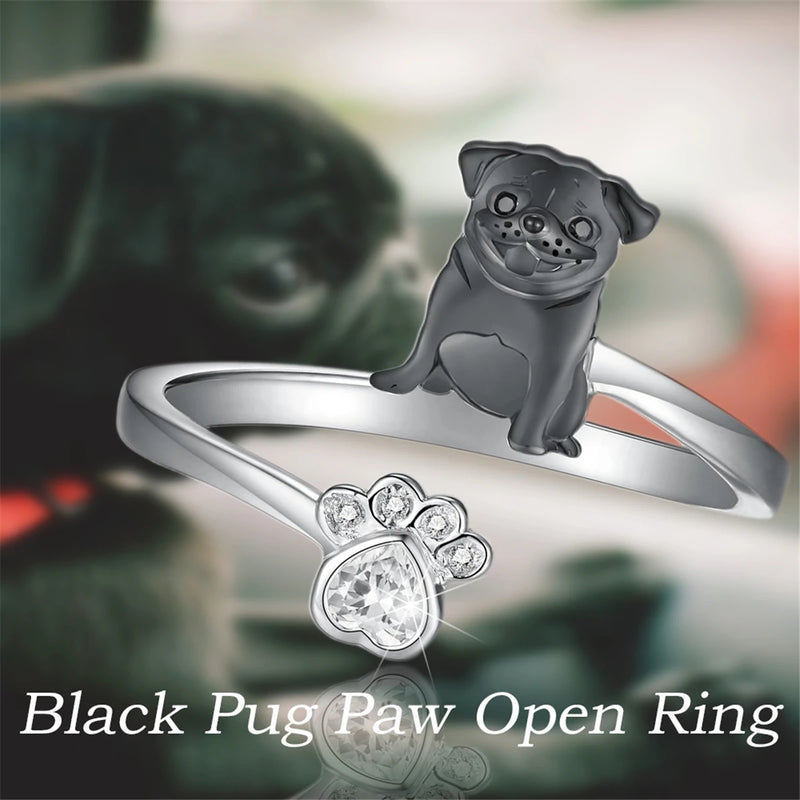1Pc Cute Black Pug Dog Paw Open Ring Exquisite Women's Dog Jewelry Fashion Daily Accessories Perfect Gift for Dog Lovers