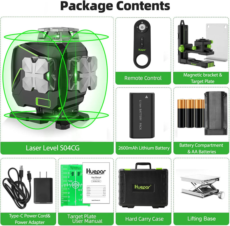 Huepar S04CG-C Set 4D 16 Lines Cross Line Laser Level LCD/Bluetooth/Remote Laser Tools With Detector Tripod Rangefinder Adapter