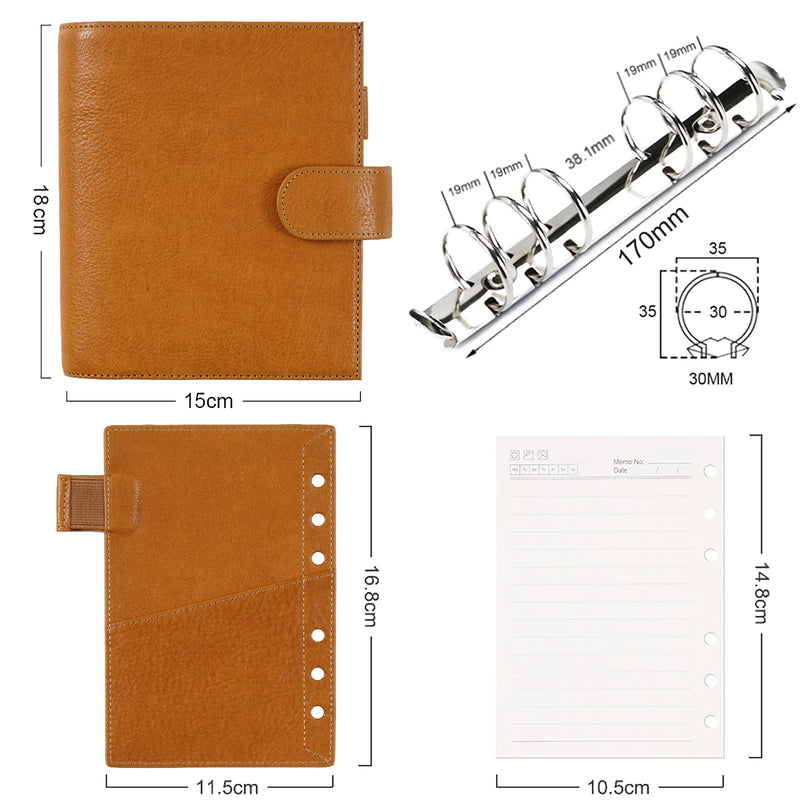 Moterm Full Grain Vegetable Tanned Leather Luxe 2.0 A6 Rings Planner with 30 MM Rings Binder Notebook Diary Agenda Organizer