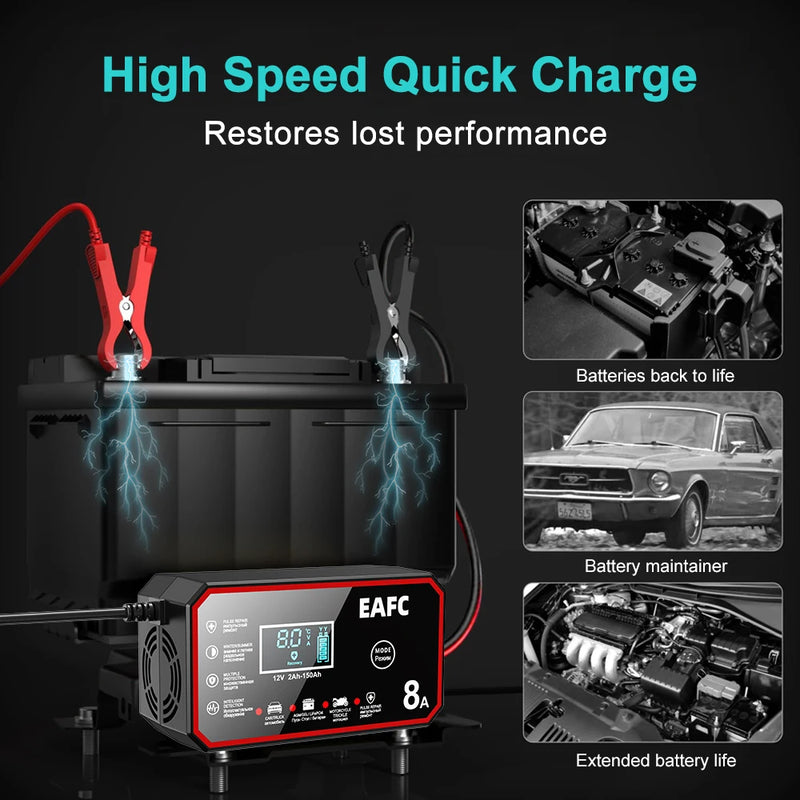 12V 8A Car Battery Charger Pulse Repair LCD Display Smart Fast Charge for Auto Motorcycle Minivan SUV Classic Cars