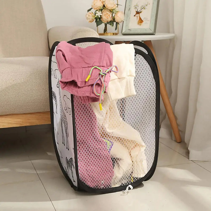 Laundry Basket Large Capacity Cartoon Foldable Multi Holes Hollow Out Store Dirty Clothes Flexible Giraffe Print Home Cleaning