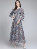 LD LINDA DELLA Fashion Designer Summer pleated Dress Women's Long sleeve Ruffles Floral print Mesh Vacation Long Dress Vestidos