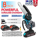 8 Inch 4000 Watt  Mini Chainsaw Electric One-Hand Saw Wood Cutter 2 Batteries UK Rechargeable Lightweight'