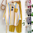 2Pcs/Set Shirt Pants Set Long Sleeve Casual Trendy Elastic Waist Breathable Polyester Stripes Blouse Pants Suit