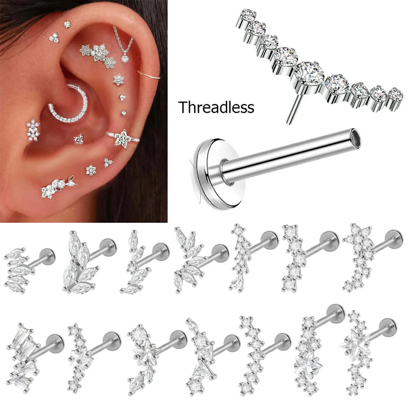 1PC Surgical Steel Threadless Marquise Zircon Labret Lip Stud Cz Ear Cartilage Tragus Helix Earrings Daith Piercing Body Jewelry