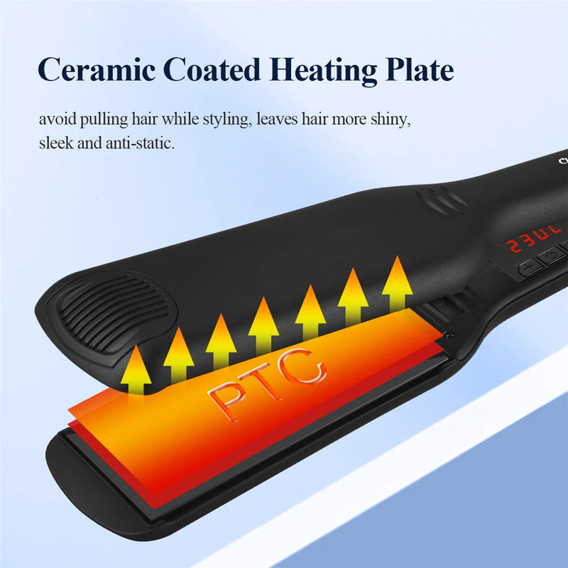 CkeyiN 55MM Wide Plate Professional Hair Straightener 3D Floating Ceramic Flat Iron Instant Heating 2 In 1 Curler Styling Tool