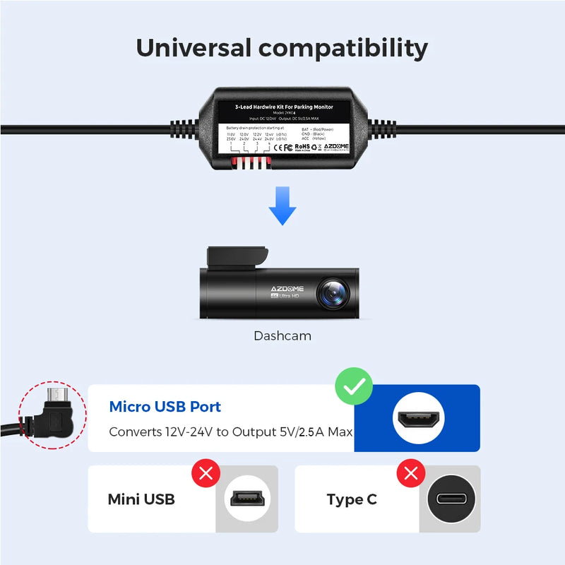 AZDOME JYX04 Car DVR HardWire Kit For M300 Low Vol Protection Micro USB Port  ACC Power Cable 12V-24V in 5V3A Out