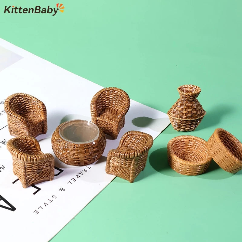 5Pcs/Set Simulation Mini Fish Basket Basket Chair Table Garden Decoration Miniature Figurines Home Micro Landscape Craft Gift