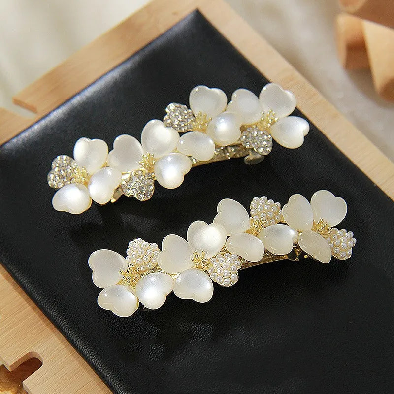 New Luxury White Opal Flower Spring Hairpin Set with Zircon Boutique Top Clip One Word Back Elegant Women's Fashion Headwear