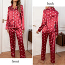 Damen-Pyjama-Set aus langärmeligem Hemd mit rotem Satinstreifen und Herzchenmuster und langer Hose