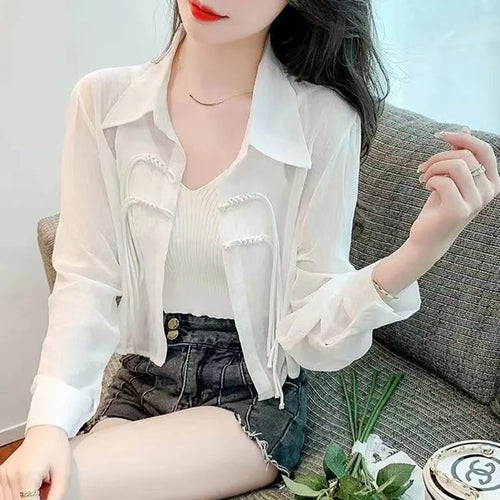 Fashion Lapel Button Spliced Solid Color All-match Shirt Female Clothing Spring Summer New Casual Tops Office Lady Blouse