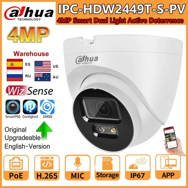 Dahua IP Camera 4MP IPC-HDW2449T-S-PV Smart Dual Light Active Deterrence POE 2-Way Talk SD Card Slot WizSense Full Color Camera