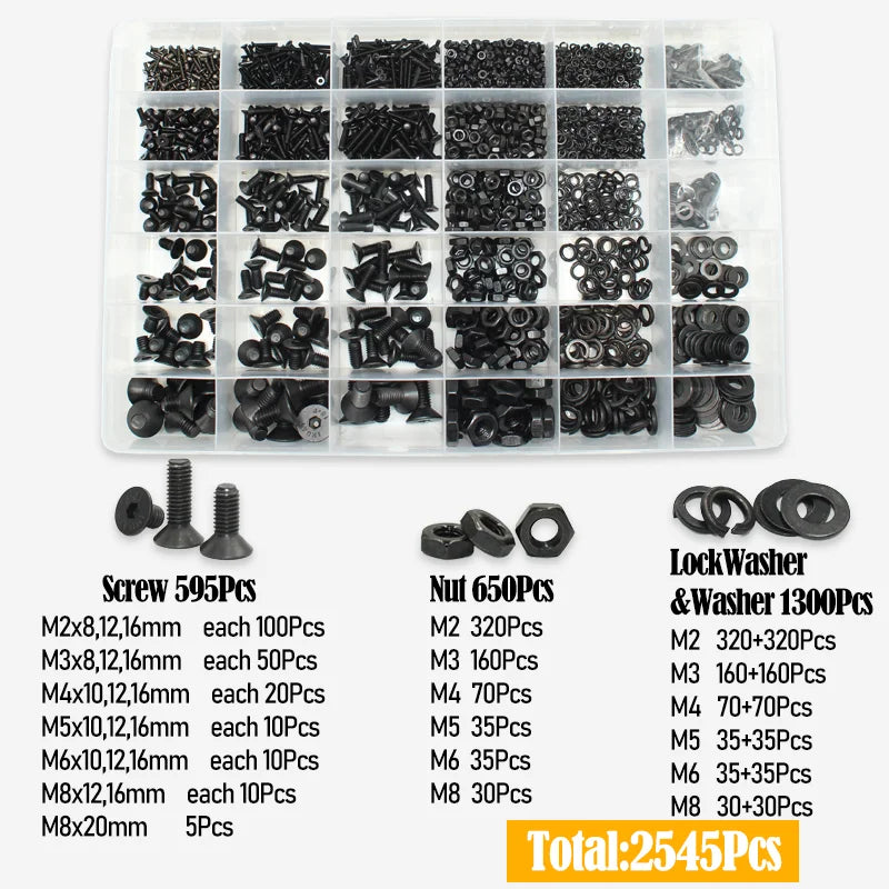 3045p Black Flat Head Socket Cap Screw Countersunk Bolts Nuts Washers Kit M2 M2.5 M3 M4 M5 M6 M8 10.9 Grade Alloy Steel DIN 7991