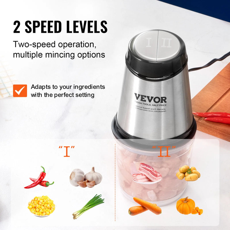 VEVOR Electric Meat Grinder with 4-Wing Stainless Steel Blades2.5 Cup Glass Bowl2 Speeds Food Grinder for Baby Food