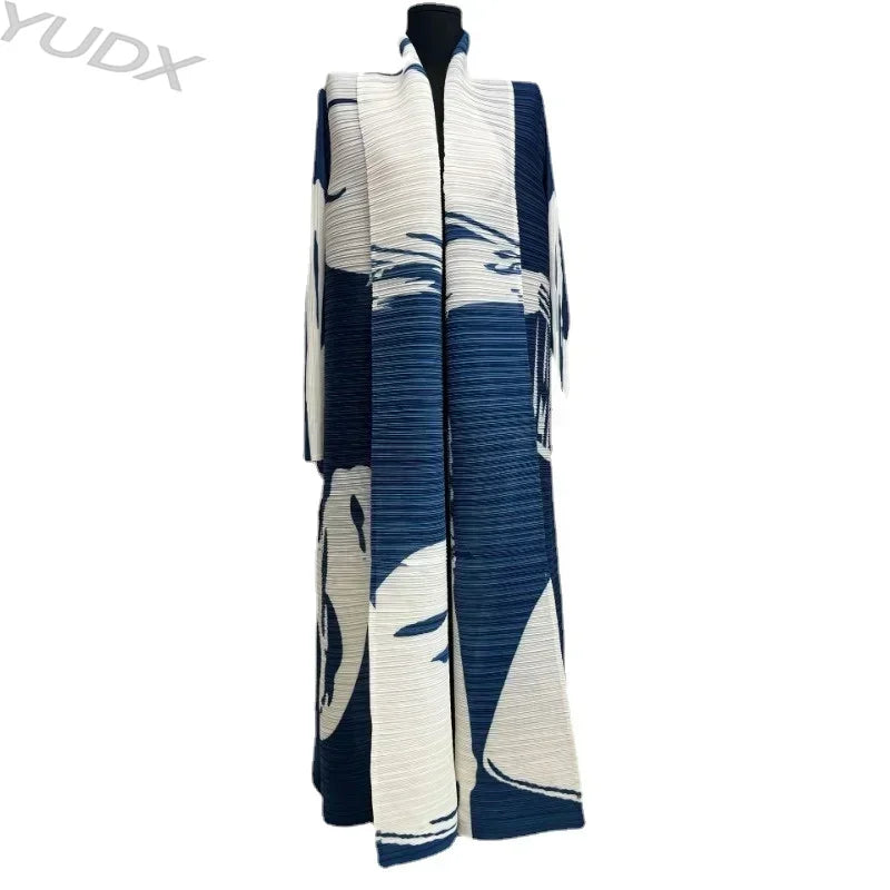 YUDX Miyake Pleated Vintage Printed Trench Lapel Long Sleeve Long Jacket Women 2023 Spring Summer Arabian Style Plus Size Coat