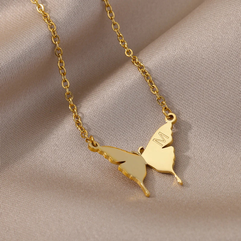 Stainless Steel Butterfly Initial Letter Necklaces For Women Minimalist Gold Color Butterfly Name Necklace Wedding Jewelry BFF