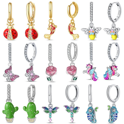 Neue 925er Silberfarbene Ohrringe Schmetterling Glühwürmchen Marienkäfer Kaktus Chamäleon Stern Doppel-Creolen Mode Party Einzigartiger Schmuck