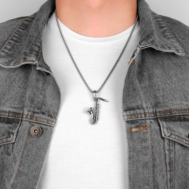 Saxophone Long Men Necklaces Pendant Chain Punk Cool Punk for Boyfriend Male Stainless Steel Jewelry Creativity Gift Wholesale