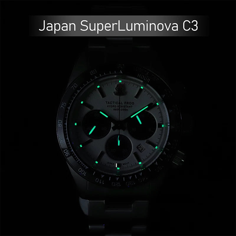 Tactical Frog Watch For Men 41mm Panda Chronograph VS75A Solar Quartz Movement Sapphire C3 Luminous 200M Waterproof Men's Watch