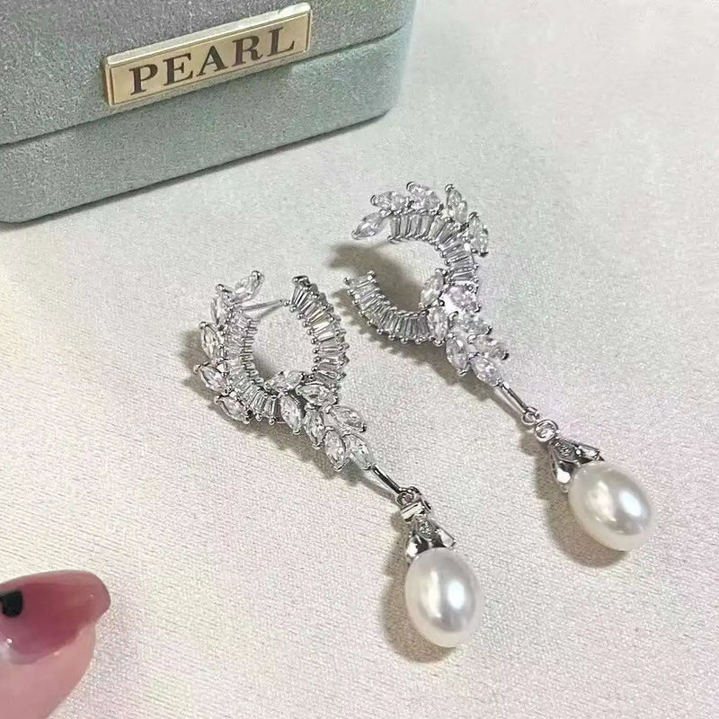 N Crown Princess with 925 Sterling Silver Plated Angel Wings 9-10MM Natural High Quality Freshwater Pearl Drop Earrings