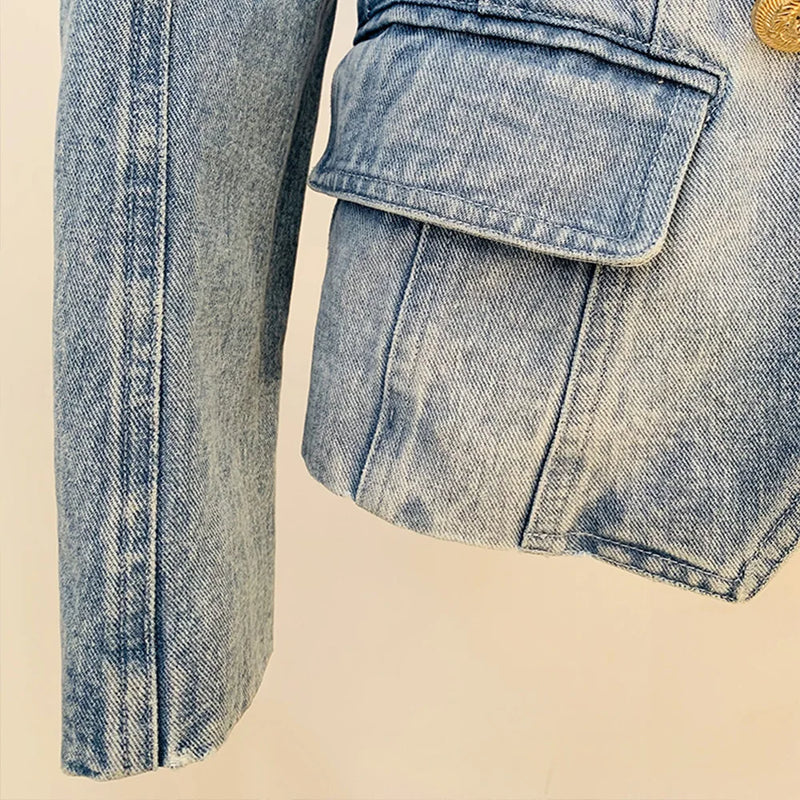 Top Quality Women Washed Denim Jeans Outwear Jackets Double Breasted Slim Short Female Casual Blazer