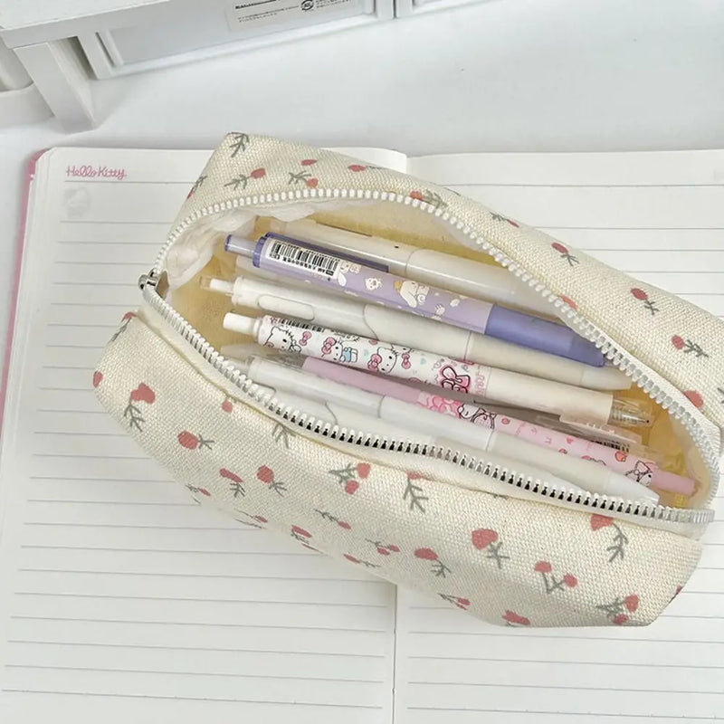 Cartoon Floral Printing Pen Bag Student Grils Stationery Bag Large Capacity Pencil Case Multifunctional Stationery Organizer