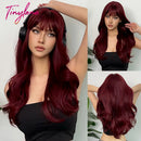 Burgundy Dark Red Synthetic Wigs Long Wavy Wine Red Cosplay Wig with Bangs for Women Natural Body Wave Halloween Heat Resistant