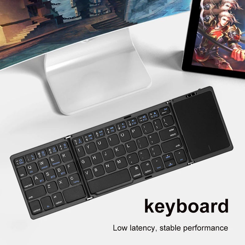 B089T Portable Mini Three Folding Bluetooth Keyboard 64 Keys Wireless Foldable Touchpad Keypad for IOS Android iPad Tablet Phone