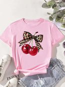 Neck Casual Tops for Summer Spring Women's Clothing Fashion Cherry Print Women T-Shirt Short Sleeve Crew