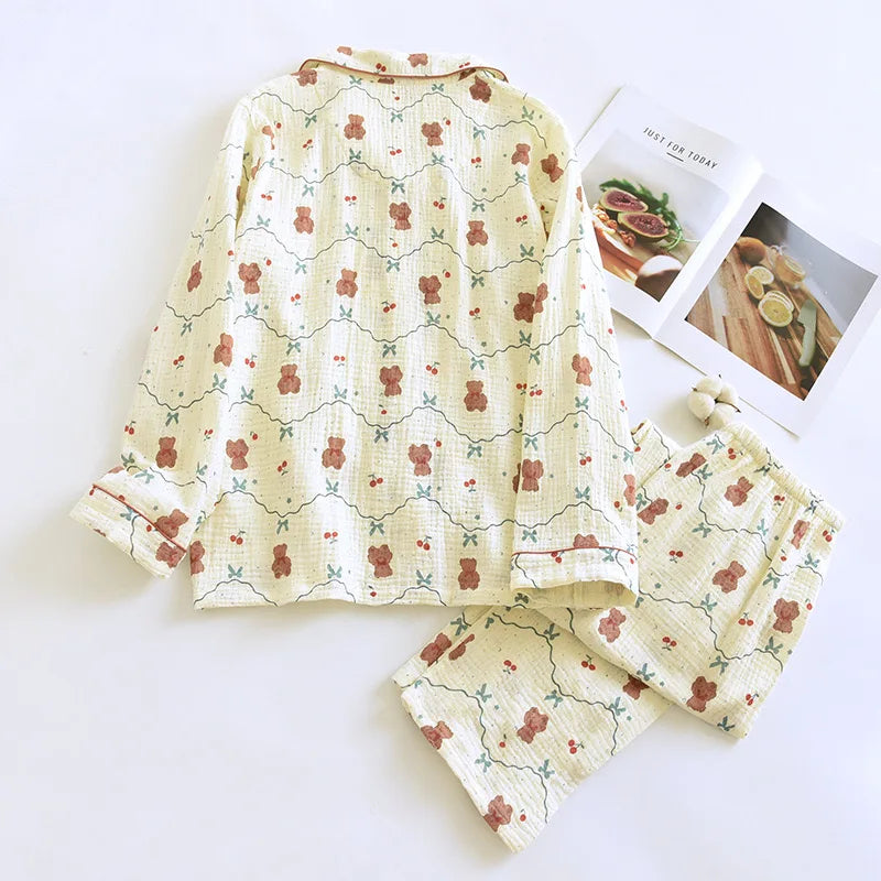 100% Cotton Crepe Women's Pajama Set 2024 New Spring And Autumn Cute Bear Printed Long sleeved Pants Two piece Loose Home Fury