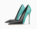 New Blue Black Serpentine Fine Heel, Pointed Shallow Mouth Splicing, Sexy and Versatile Women's High Heels