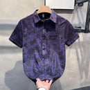 Large Size Cartoon Purple Short-sleeved Floral Shirt Men's Summer Dark Retro Hong Kong Style Handsome Hawaiian Shirt