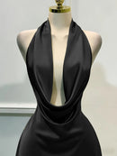 Solid Satin Women's Dress – Back Zipper Open Back Fitted, Vacation Party Evening Wear