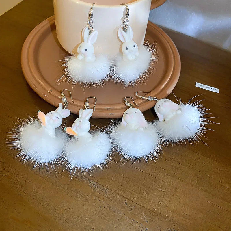 Autumn Winter Easter Earrings for Women Funny Rabbit Hare Carrot Korean Lovely Fashion Fur White Bunny Gift Jewelry Accessories