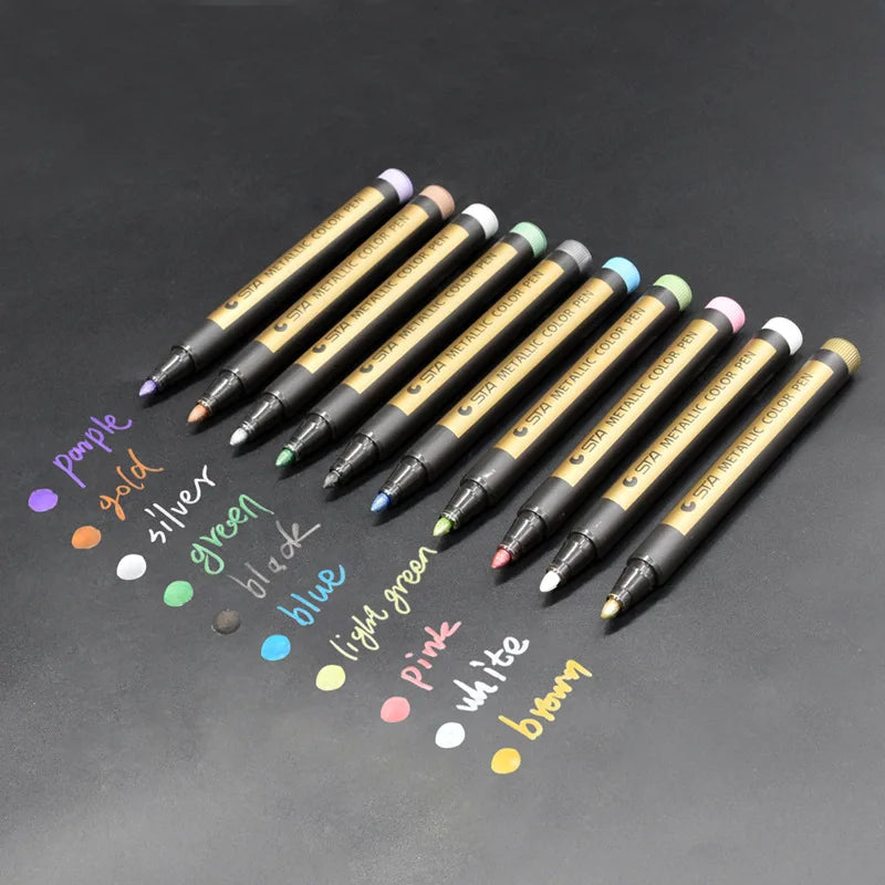 STA 10 Color Metallic Pen Permanent Marker Set Colored Paint Marker for Glass Rocks Card Ceramic CD Diy Scrapbooking Acrylic Pen