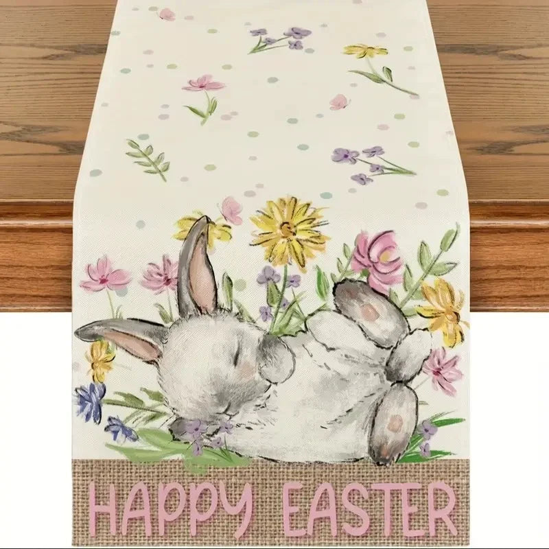 2025 Easter Rabbit Table Runner Linen Bunny Dining Table Cloth Placemat Spring Holiday Happy Easter Decoration For Home Kitchen
