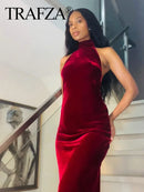 TRAFZA 2024 Female Elegant Slim Long Dresses Solid Sleeveless Backless Bow Decoration Zipper Summer Long Dress Woman Sexy Trendy