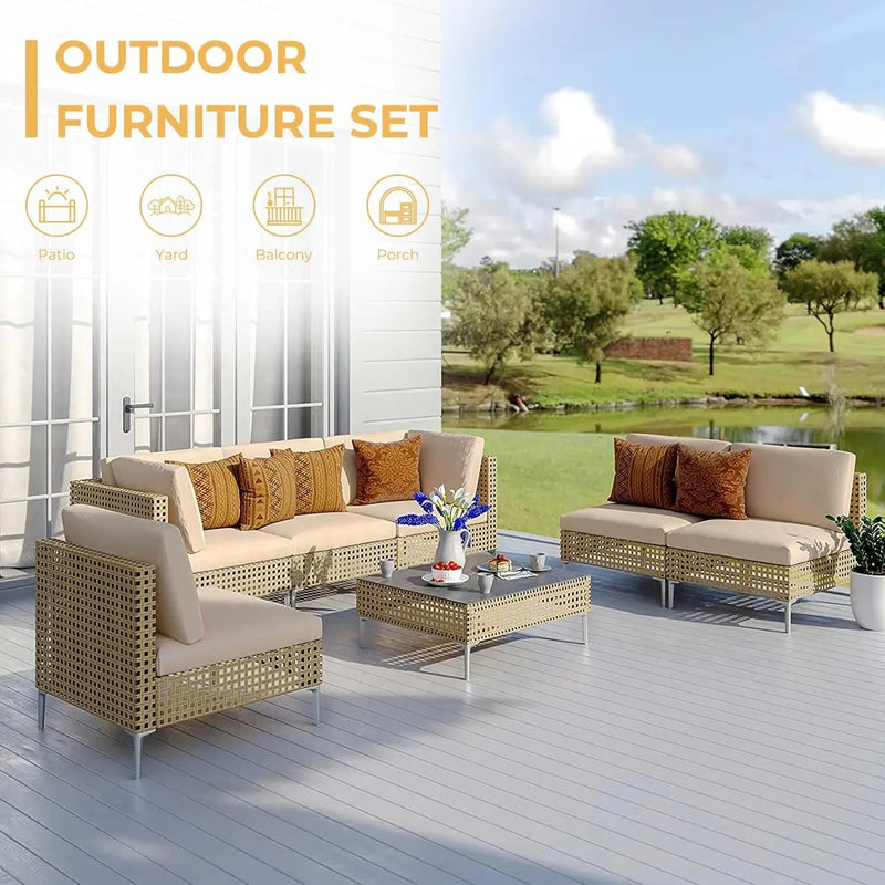 7pcs Wicker Patio Furniture Set, Boho Outdoor Conversation Set Sectional Sofa With Thick Cushions And Coffee Table