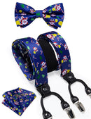 DiBanGu Mens Adjustable Silk Suspenders Bow Tie Cufflinks Pocket Square Set Metal Clips Y back Elastic Braces Wide Strap 3.5CM