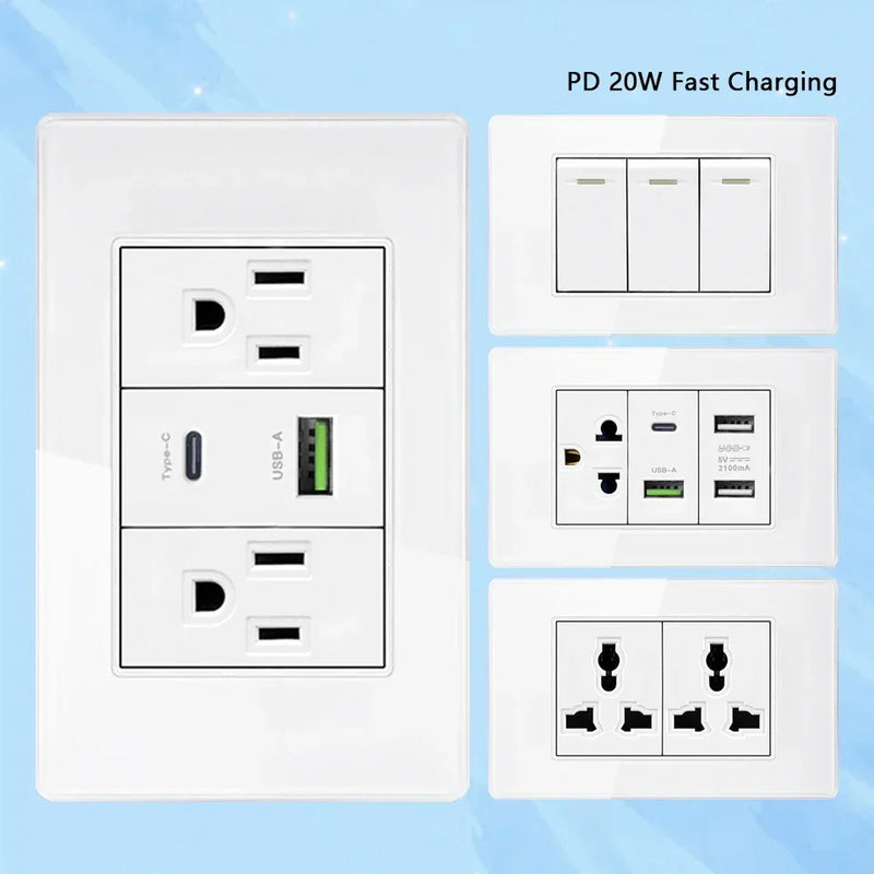 American USB Smart Type-c 20W Quick Charge Wall Power Outlet,Home Light Electrical Switch Panel,Mexico Thai Dual usb Socket Plug