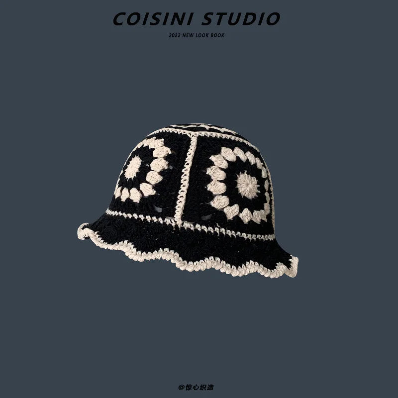 2024 New Korean-Japanese Hand Buckle Crochet Bucket Hat Spring and Autumn Winter Sun Hat Female Cherry Designer Bob Basin Hat