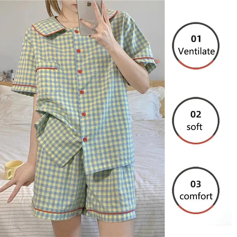 3pcs/set Short Sleeve Premium Feeling Pajamas Women's Cardigan Short Sleeve Long Pants Homewear Ladies Student Pajama ThreeSet