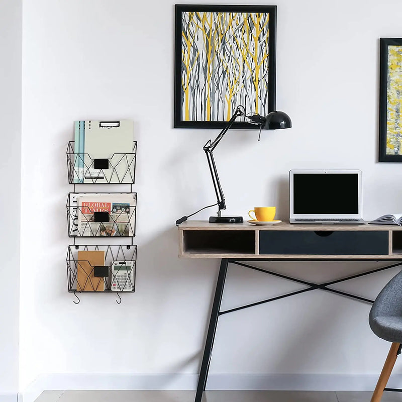 Hanging Wall File Holder Wall Mount Home Metal 3 Pockets Mail Organizer w/Hooks