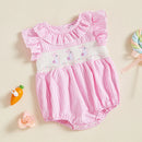 0-18M Baby Girl Easter Romper Short Sleeve Ruffle Collar Bunny Embroidery Smocked Bodysuit Newborn Outfit