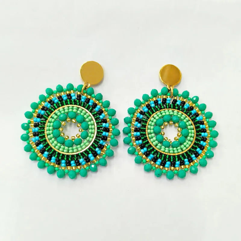 Rice bead earrings Green Sunflower Fashion Roundness Hand knitting Crystal Bohemia Alloy Geometry Simple Beaded earrings